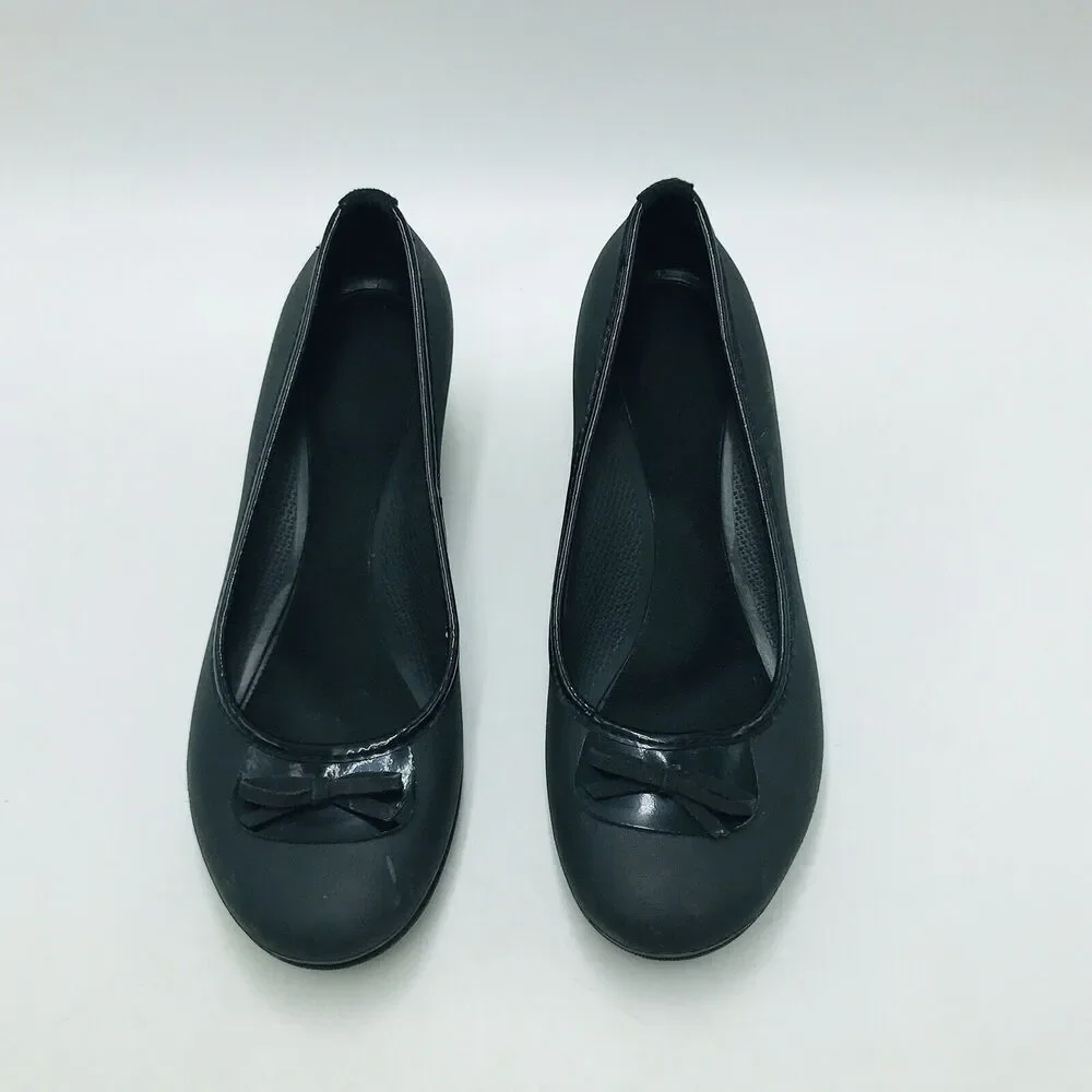 Crocs Women's 9 Lena Wedges Sandals Rubber Black Bow Comfort Career Office